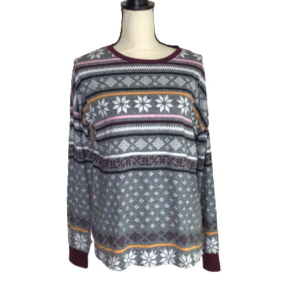 Simply Vera Verawang Gray Wine White Snowflake Print Long Sleeve Crewneck Small